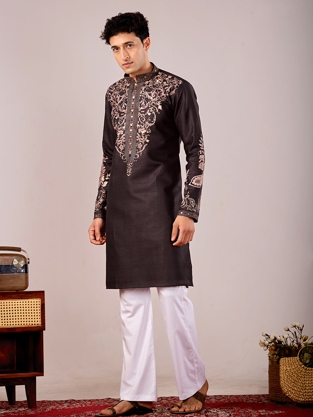 The Nawabi Linen Printed Kurta Set. (Dark Wine)