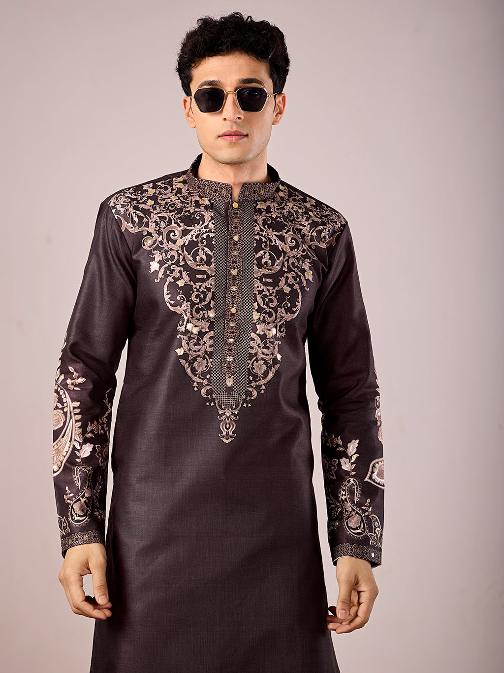 The Nawabi Linen Printed Kurta Set. (Dark Wine)