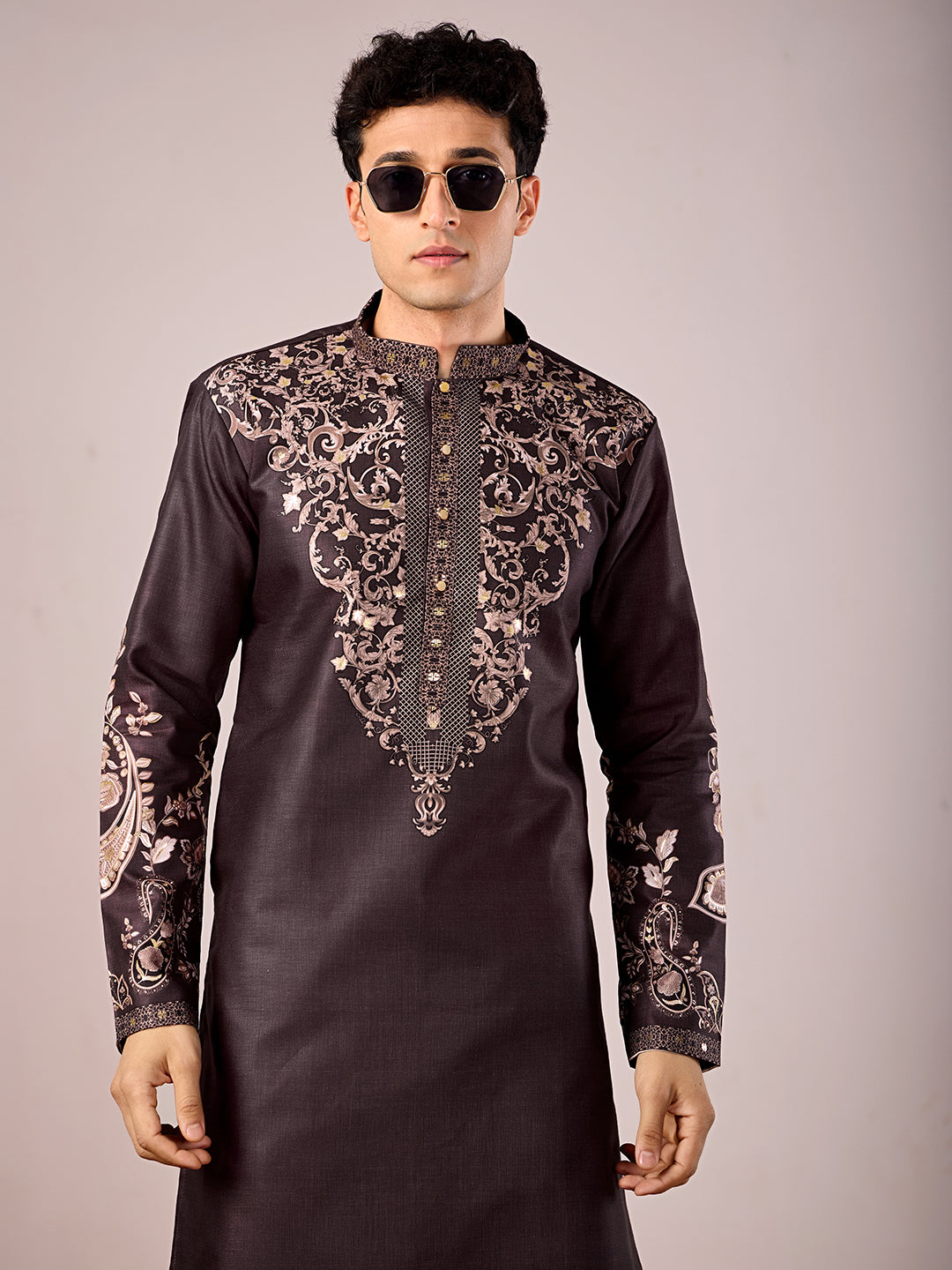 The Nawabi Linen Printed Kurta Set. (Dark Wine)