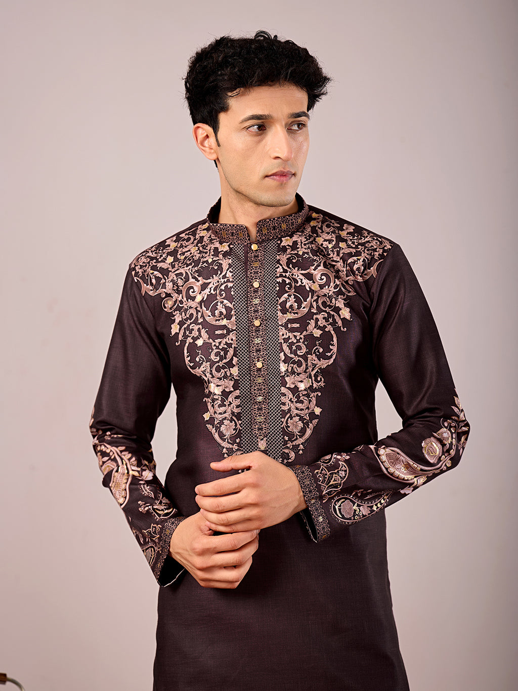 The Nawabi Linen Printed Kurta Set. (Dark Wine)