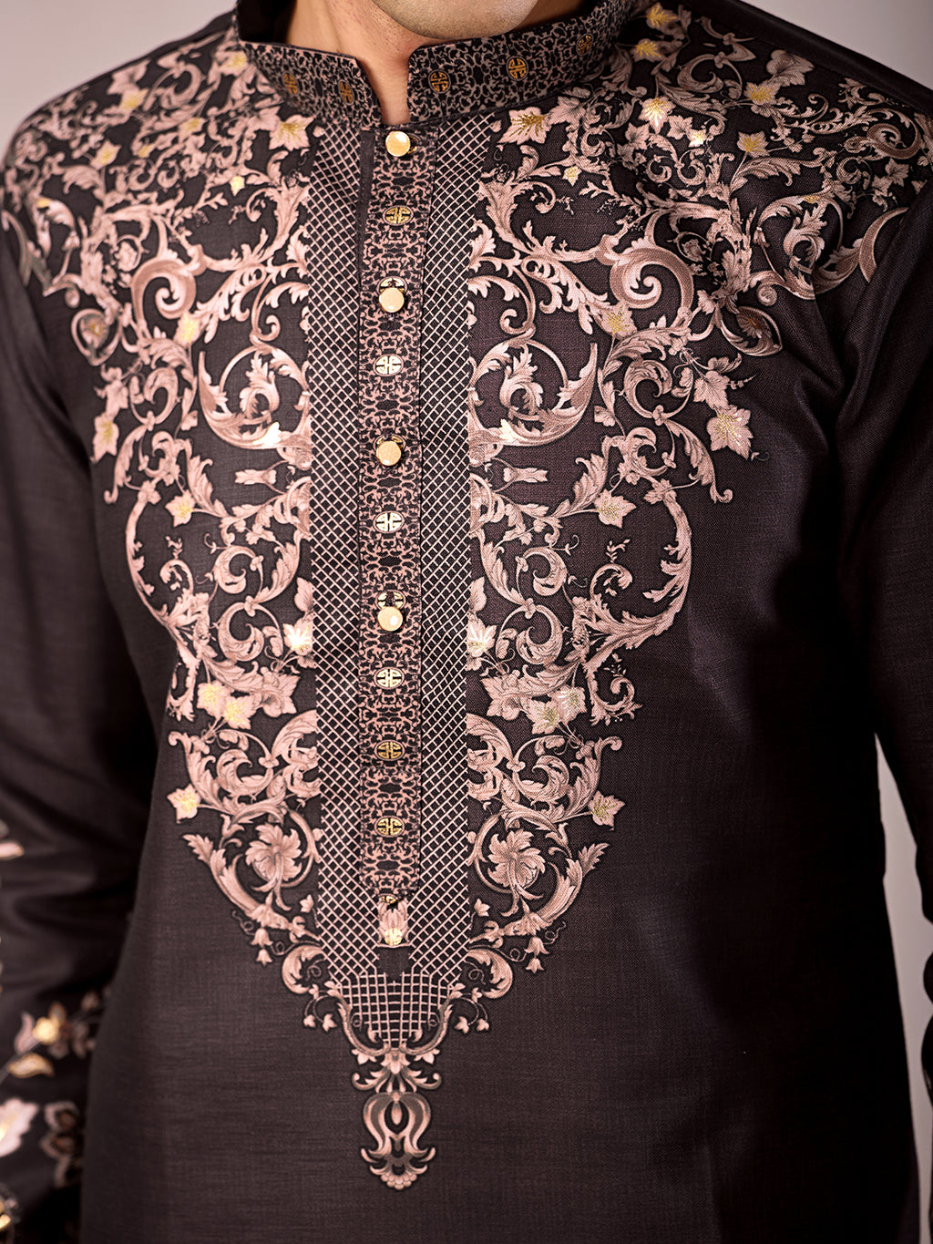 The Nawabi Linen Printed Kurta Set. (Dark Wine)