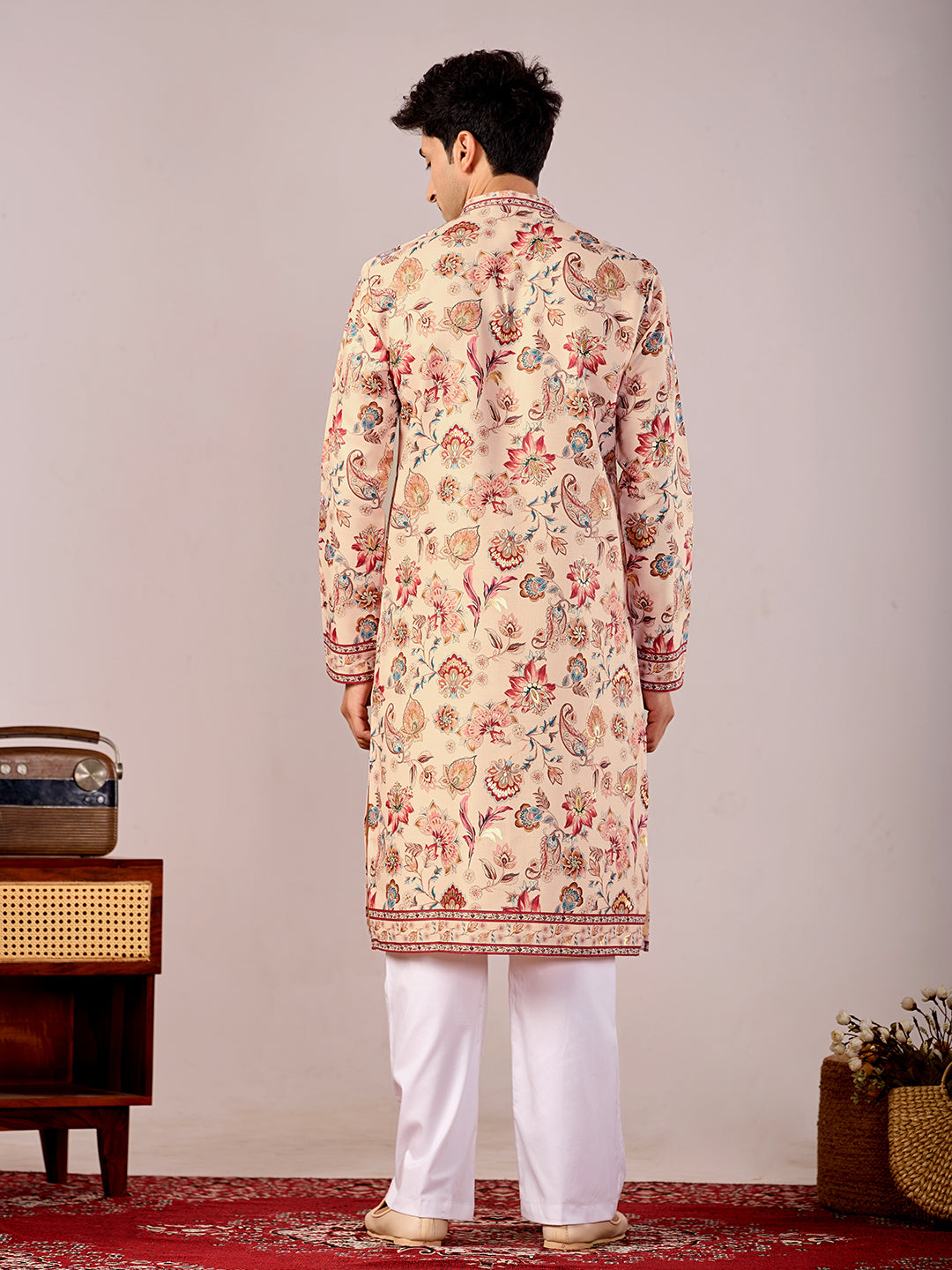 The Mirza Linen Kurta (Peach Floral)