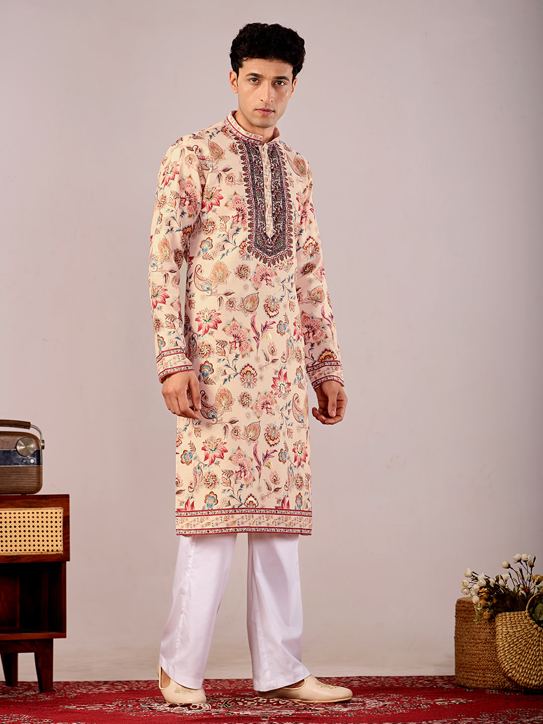 The Mirza Linen Kurta (Peach Floral)