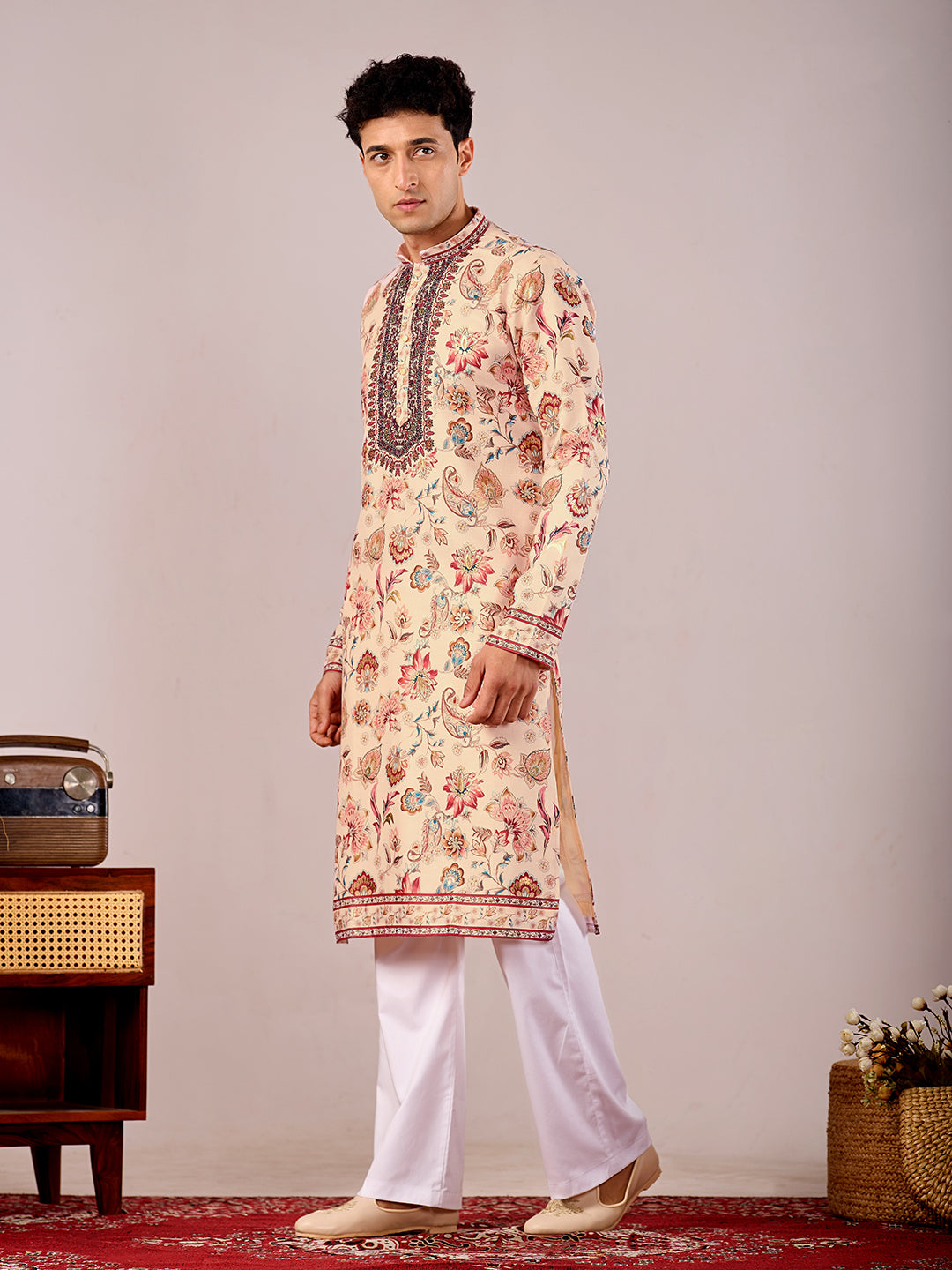 The Mirza Linen Kurta (Peach Floral)