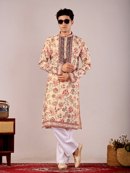 The Mirza Linen Kurta (Peach Floral)