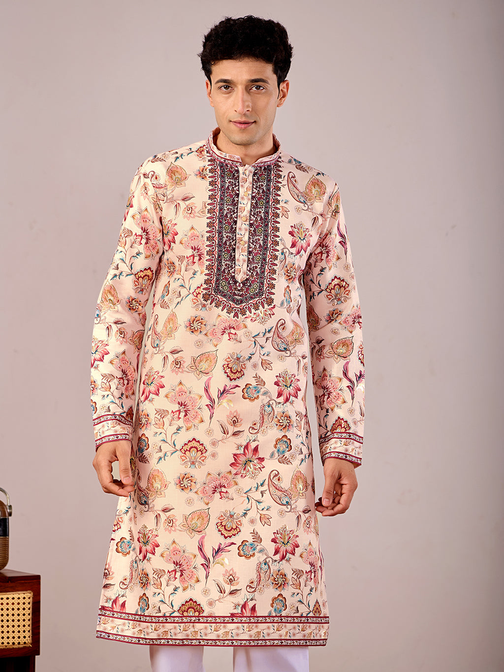 The Mirza Linen Kurta (Peach Floral)