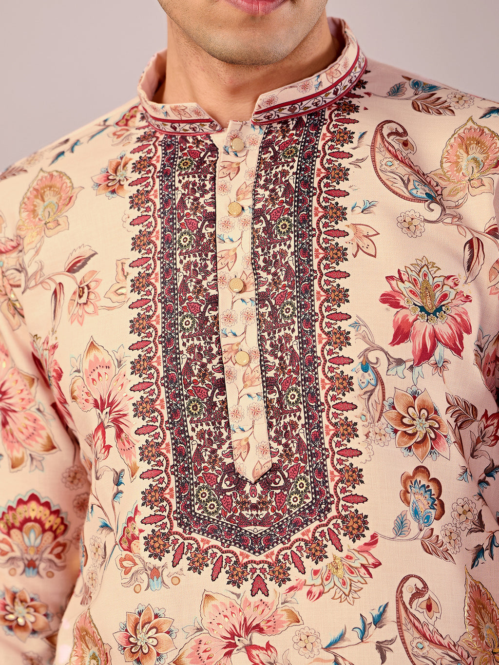 The Mirza Linen Kurta (Peach Floral)
