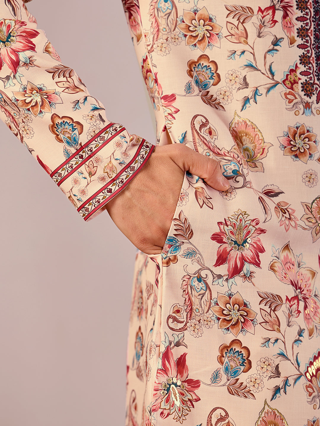The Mirza Linen Kurta (Peach Floral)