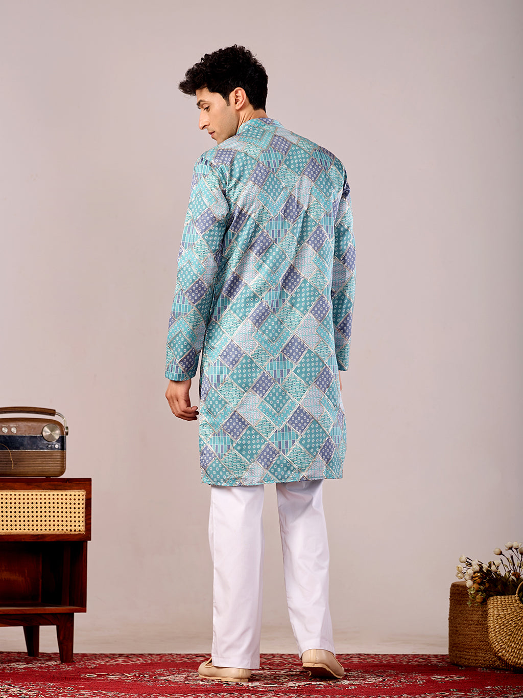 The Qila Embroidered Kurta (Teal Blue Geometric)