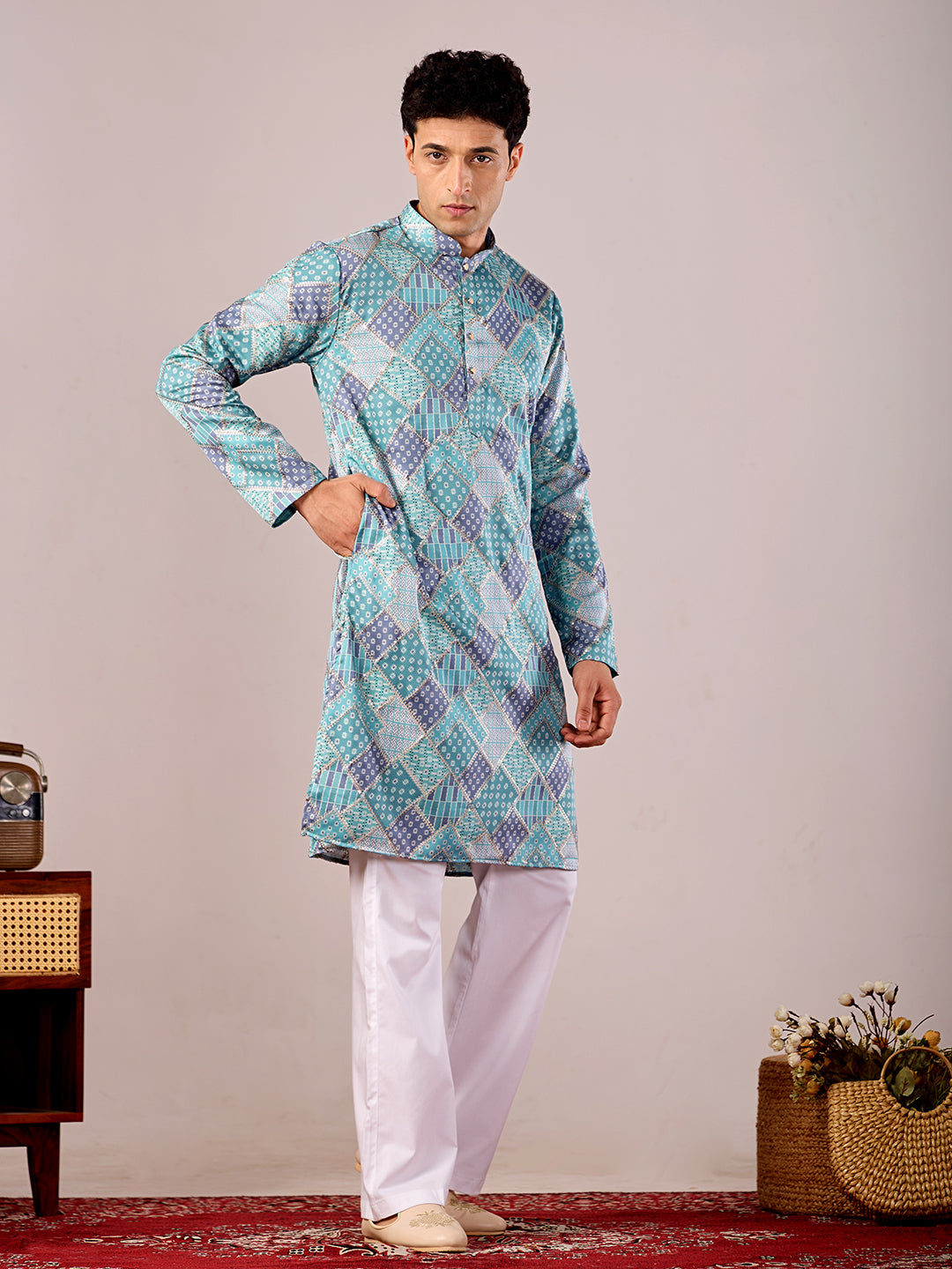 The Qila Embroidered Kurta (Teal Blue Geometric)