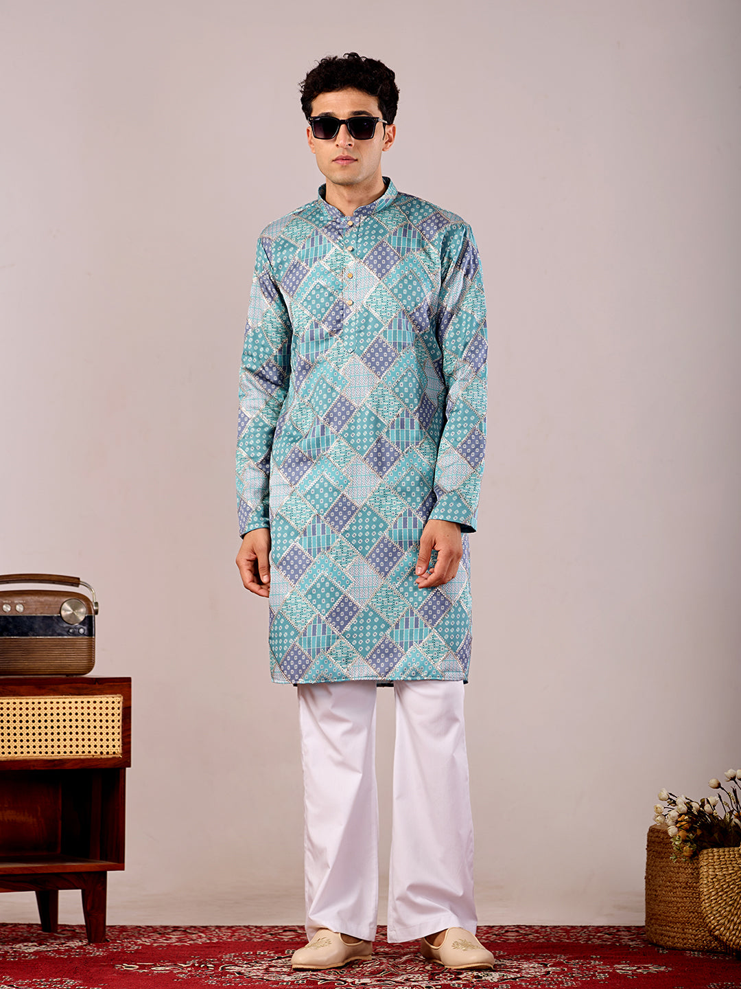 The Qila Embroidered Kurta (Teal Blue Geometric)