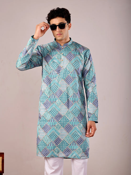 The Qila Embroidered Kurta (Teal Blue Geometric)