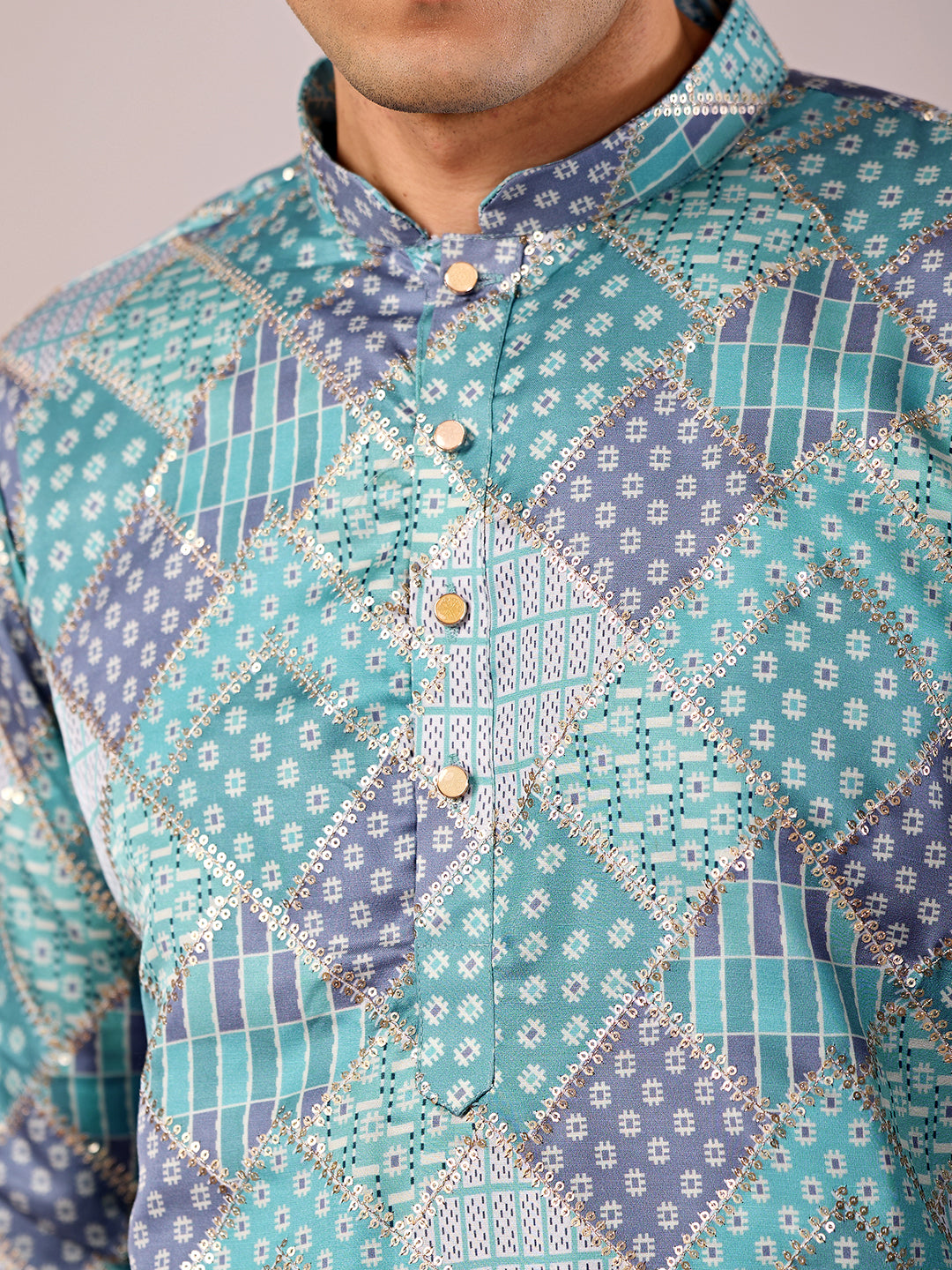 The Qila Embroidered Kurta (Teal Blue Geometric)