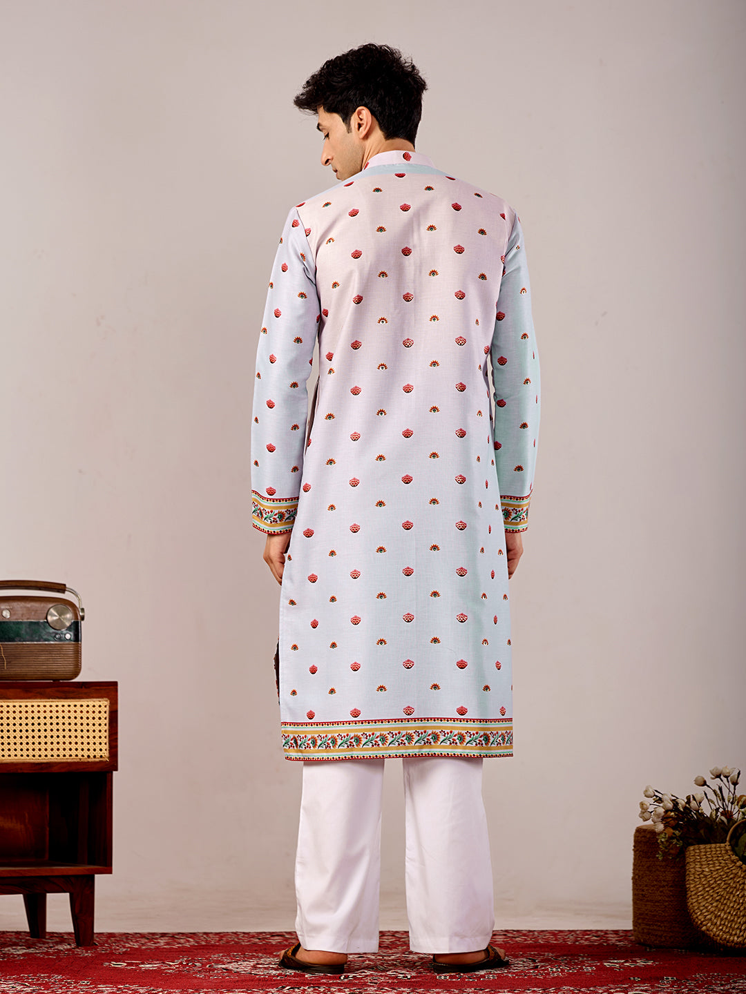 The Mirza Linen Kurta (Light Blue Floral)