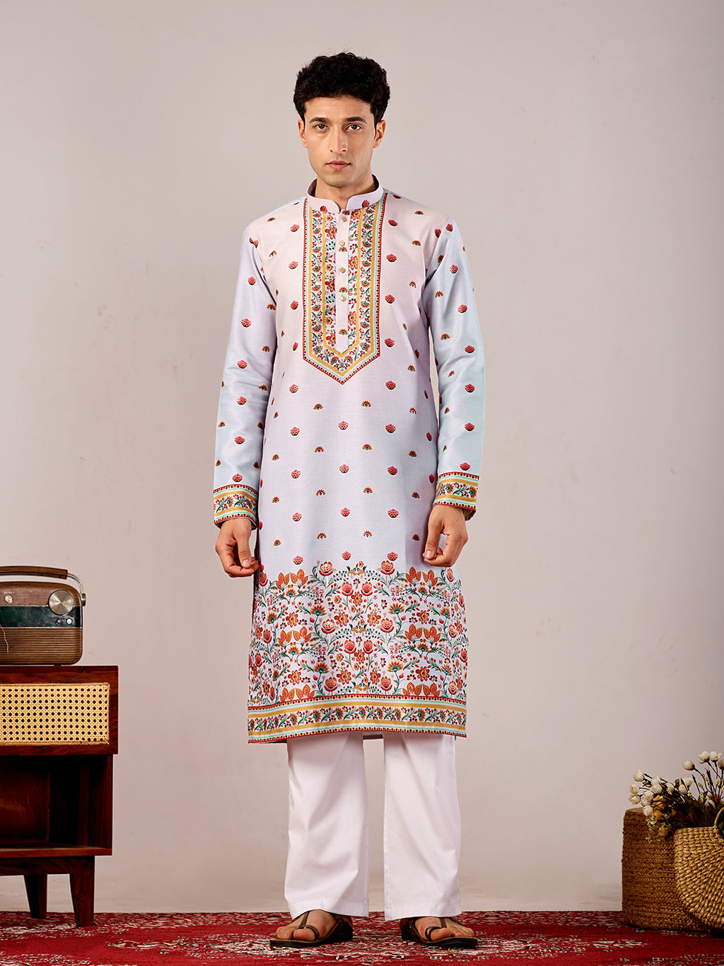 The Mirza Linen Kurta (Light Blue Floral)