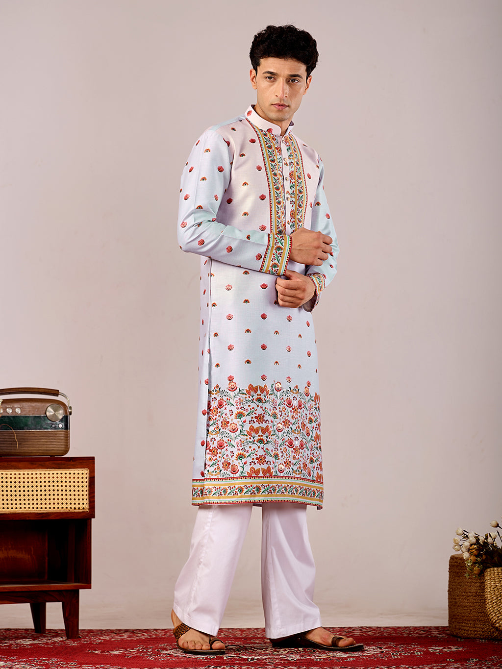The Mirza Linen Kurta (Light Blue Floral)