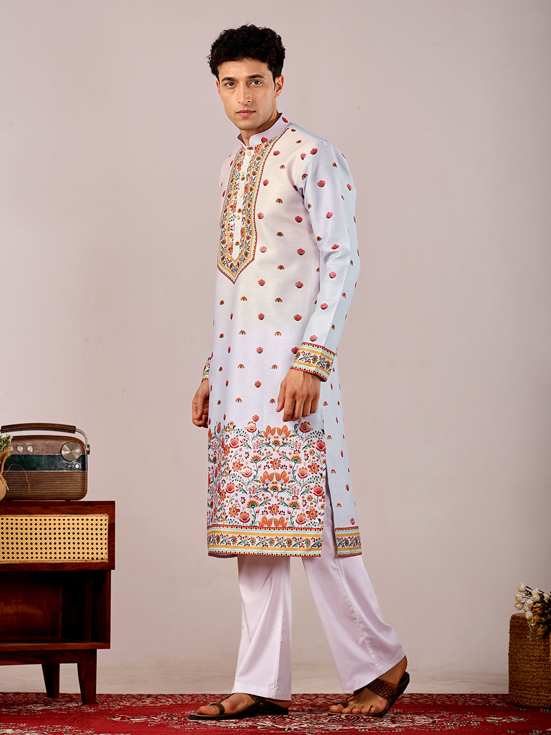 The Mirza Linen Kurta (Light Blue Floral)