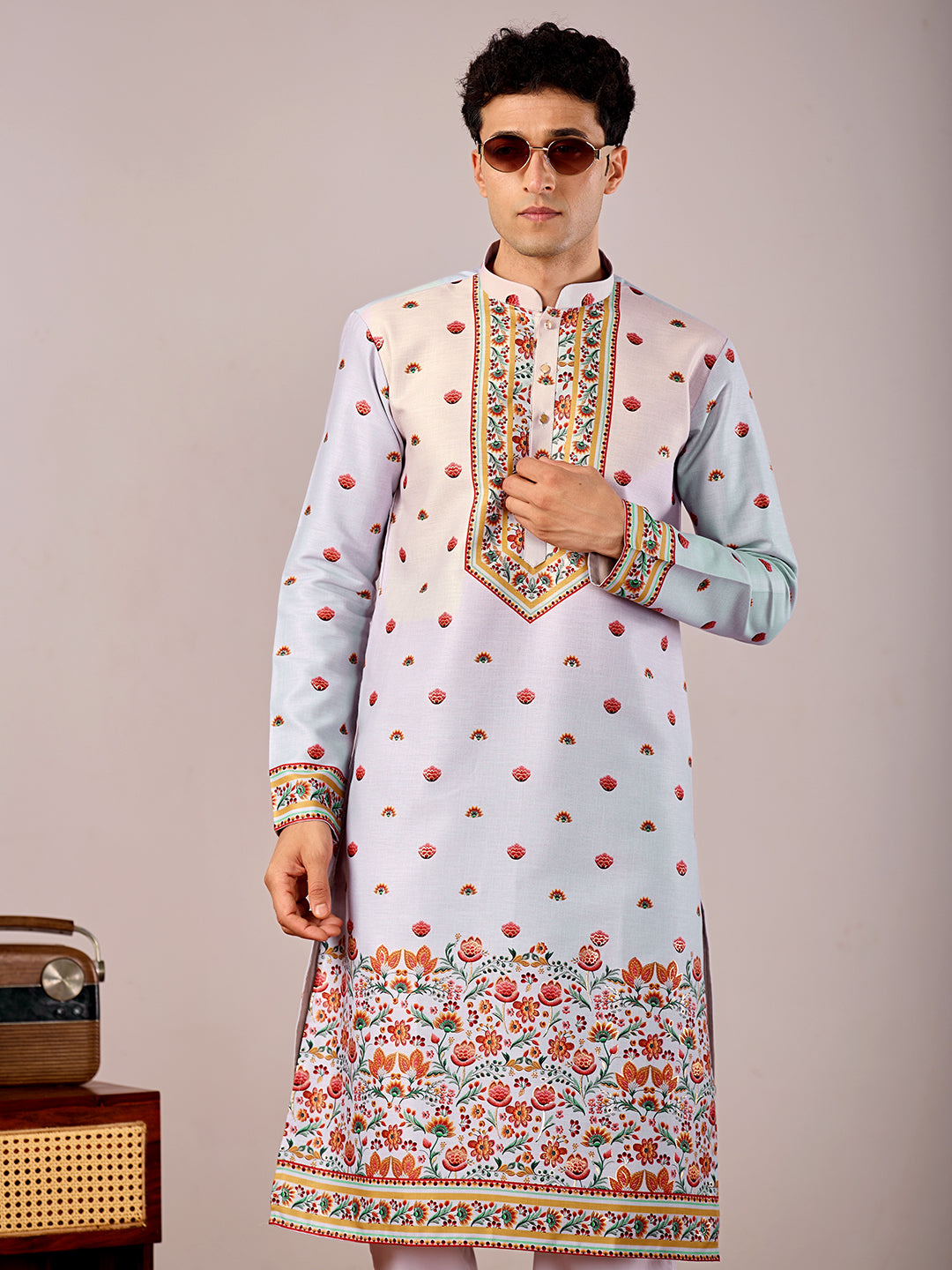 The Mirza Linen Kurta (Light Blue Floral)