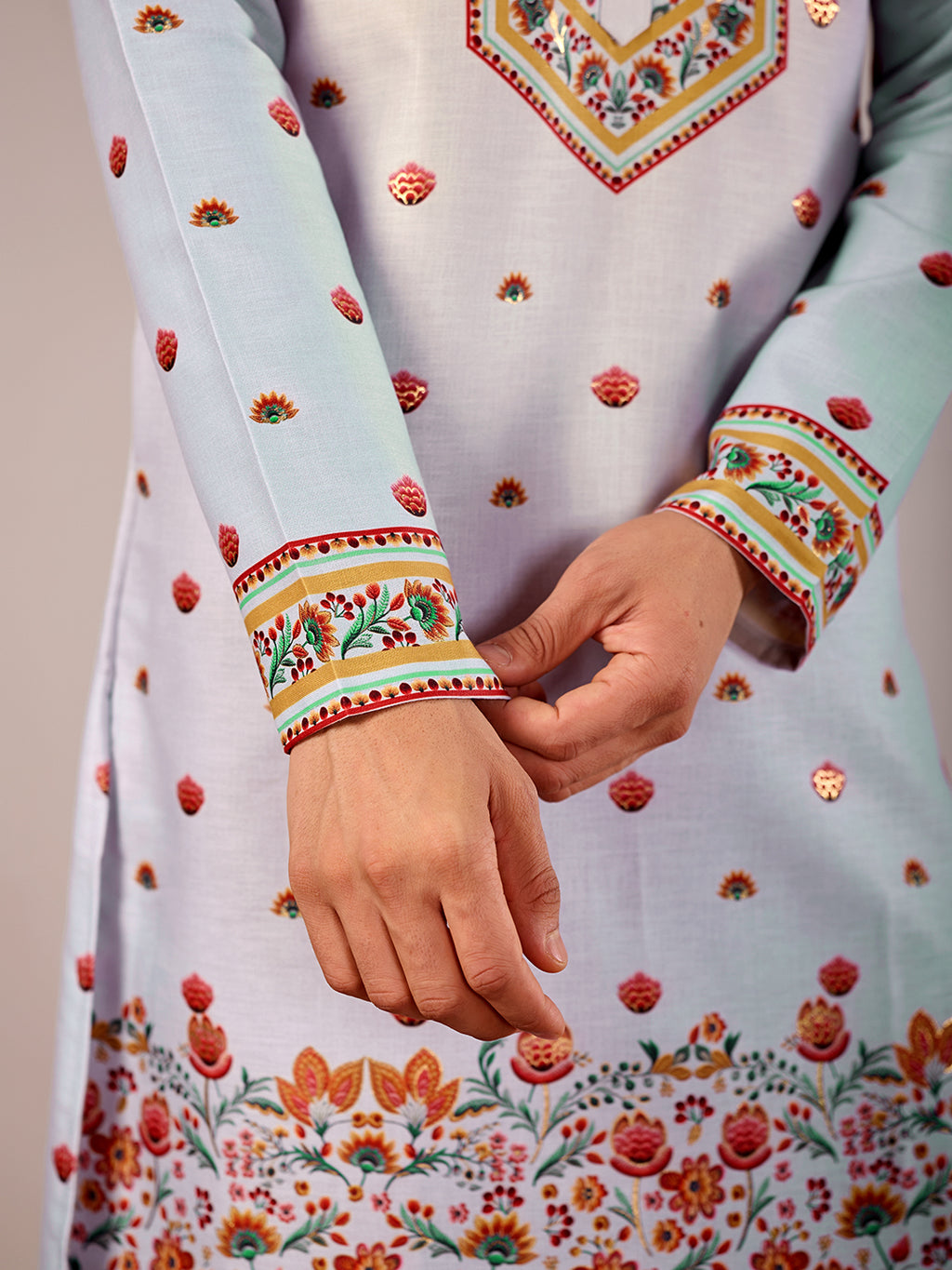 The Mirza Linen Kurta (Light Blue Floral)