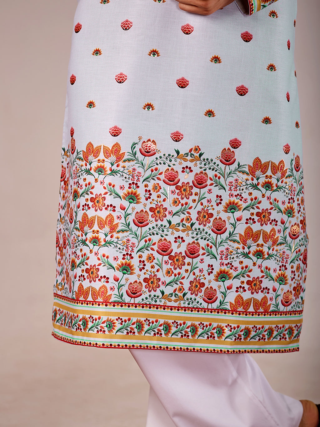 The Mirza Linen Kurta (Light Blue Floral)