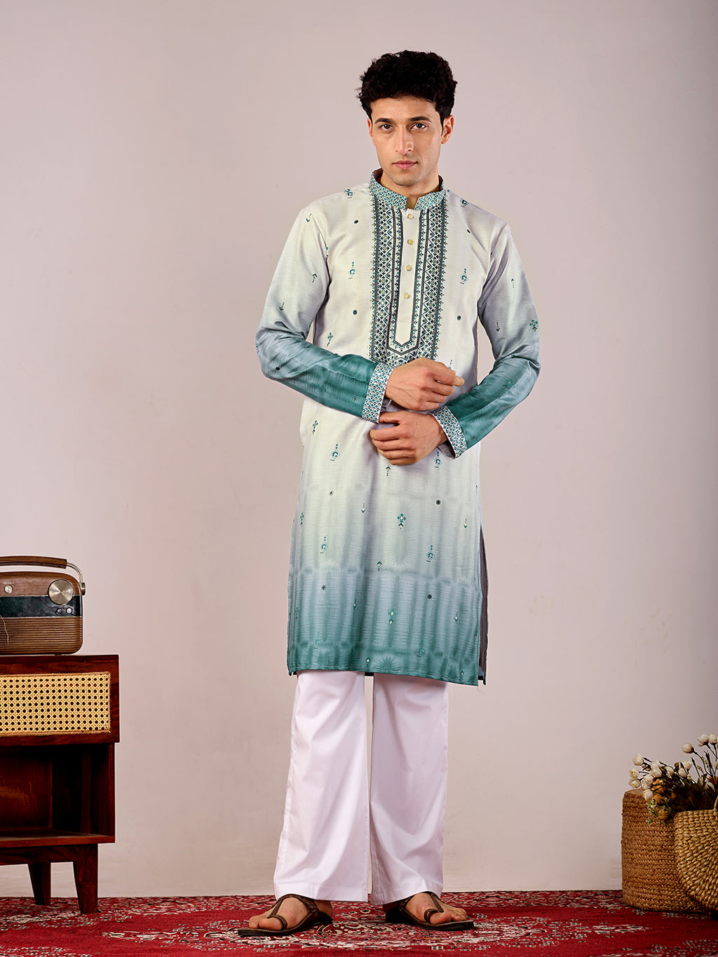 The Jahan Linen Kurta (Ombre Teal)