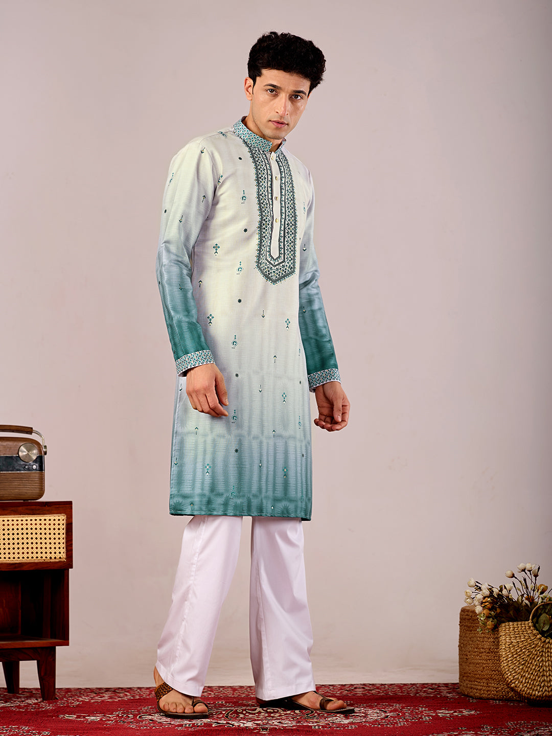 The Jahan Linen Kurta (Ombre Teal)