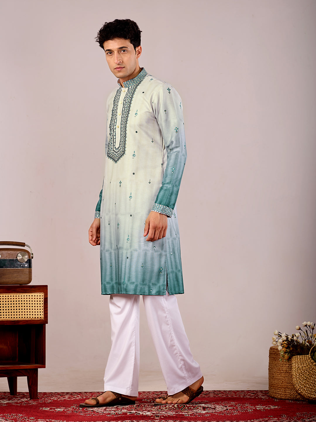 The Jahan Linen Kurta (Ombre Teal)