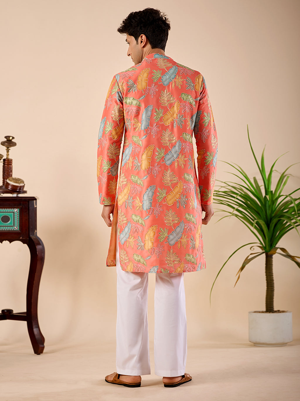 The Firdaus Embroidered Kurta (Vibrant Coral Botanical)