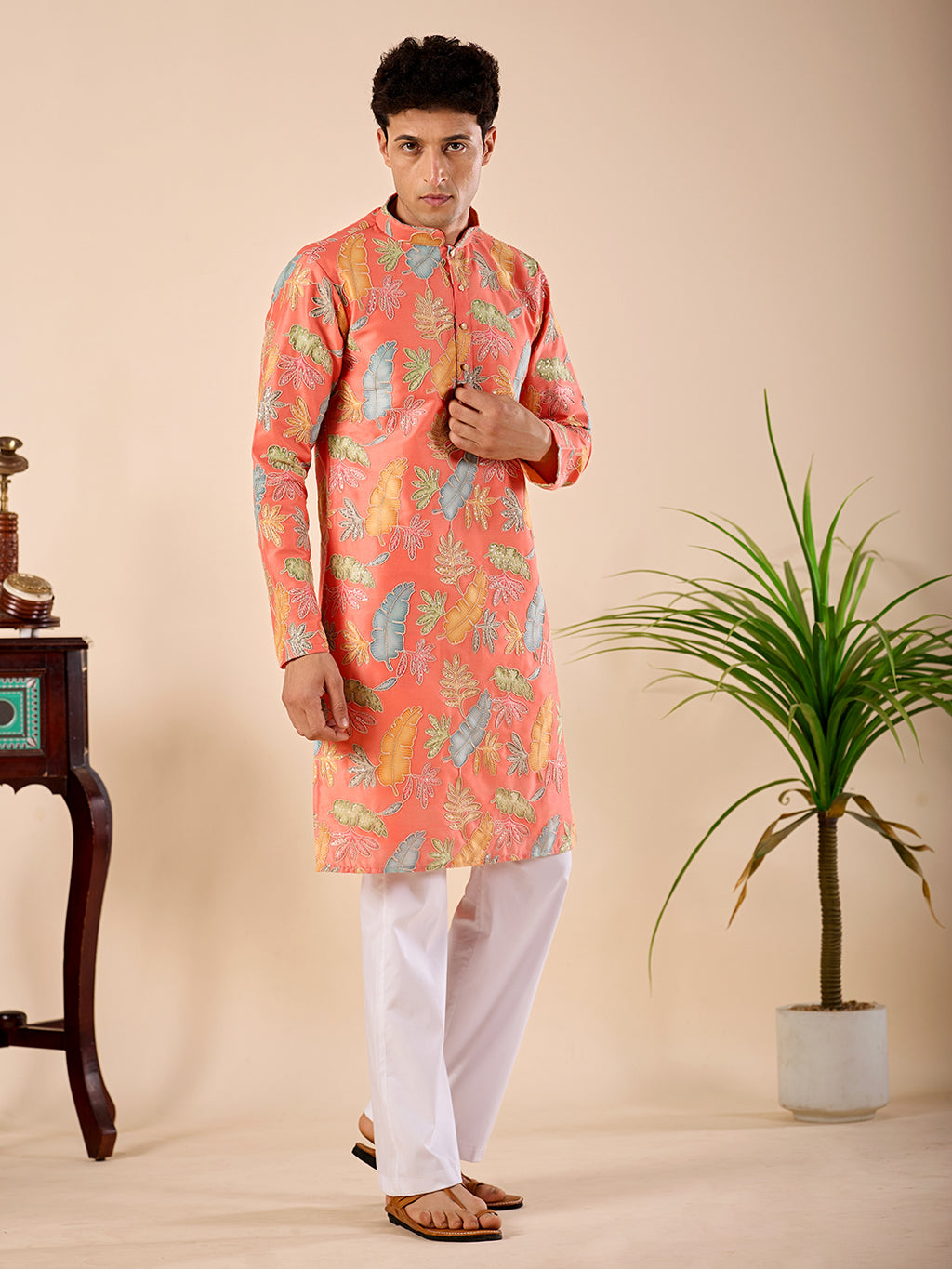 The Firdaus Embroidered Kurta (Vibrant Coral Botanical)