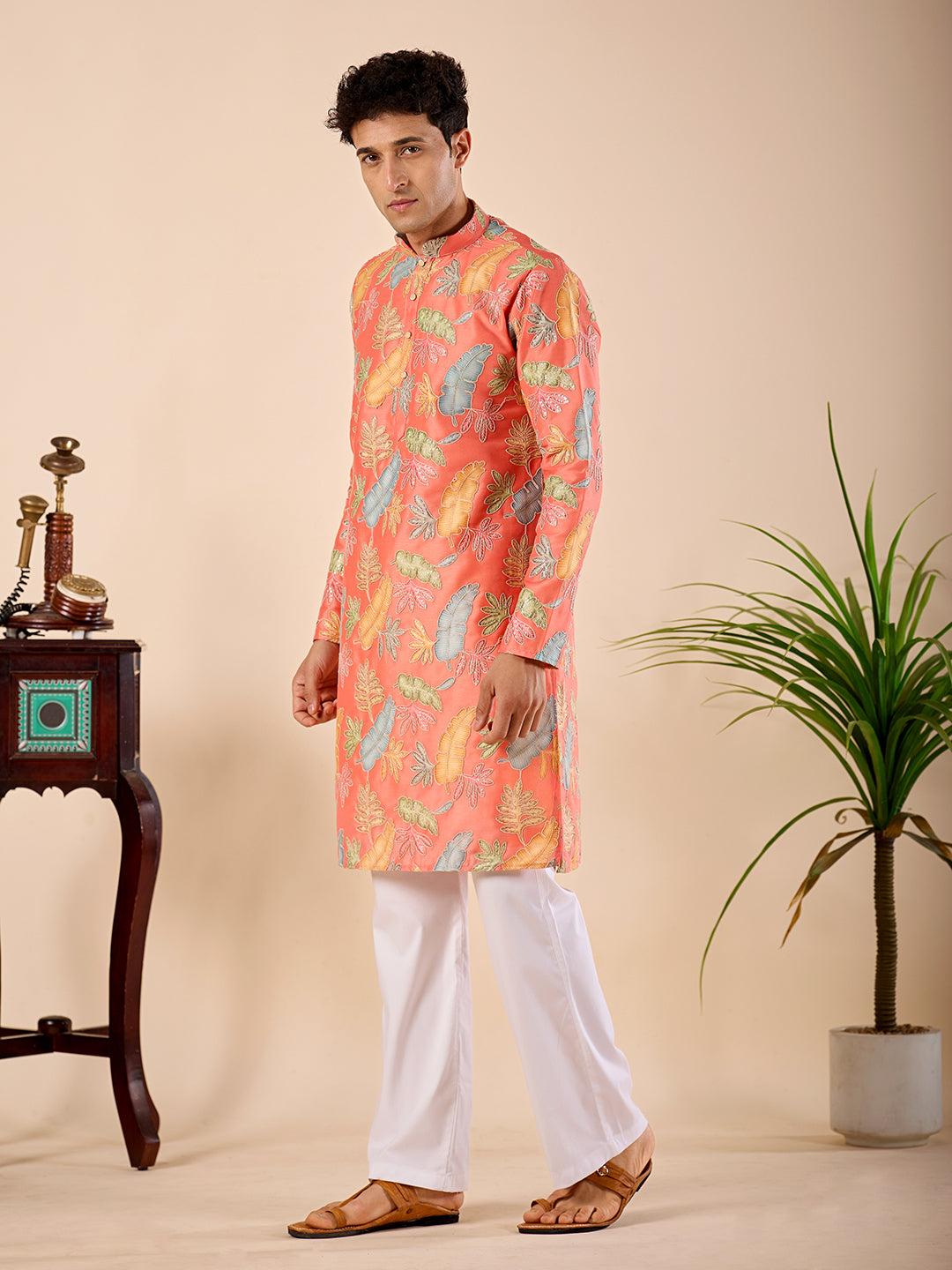 The Firdaus Embroidered Kurta (Vibrant Coral Botanical)
