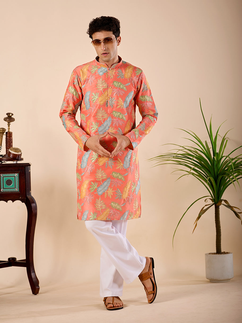 The Firdaus Embroidered Kurta (Vibrant Coral Botanical)