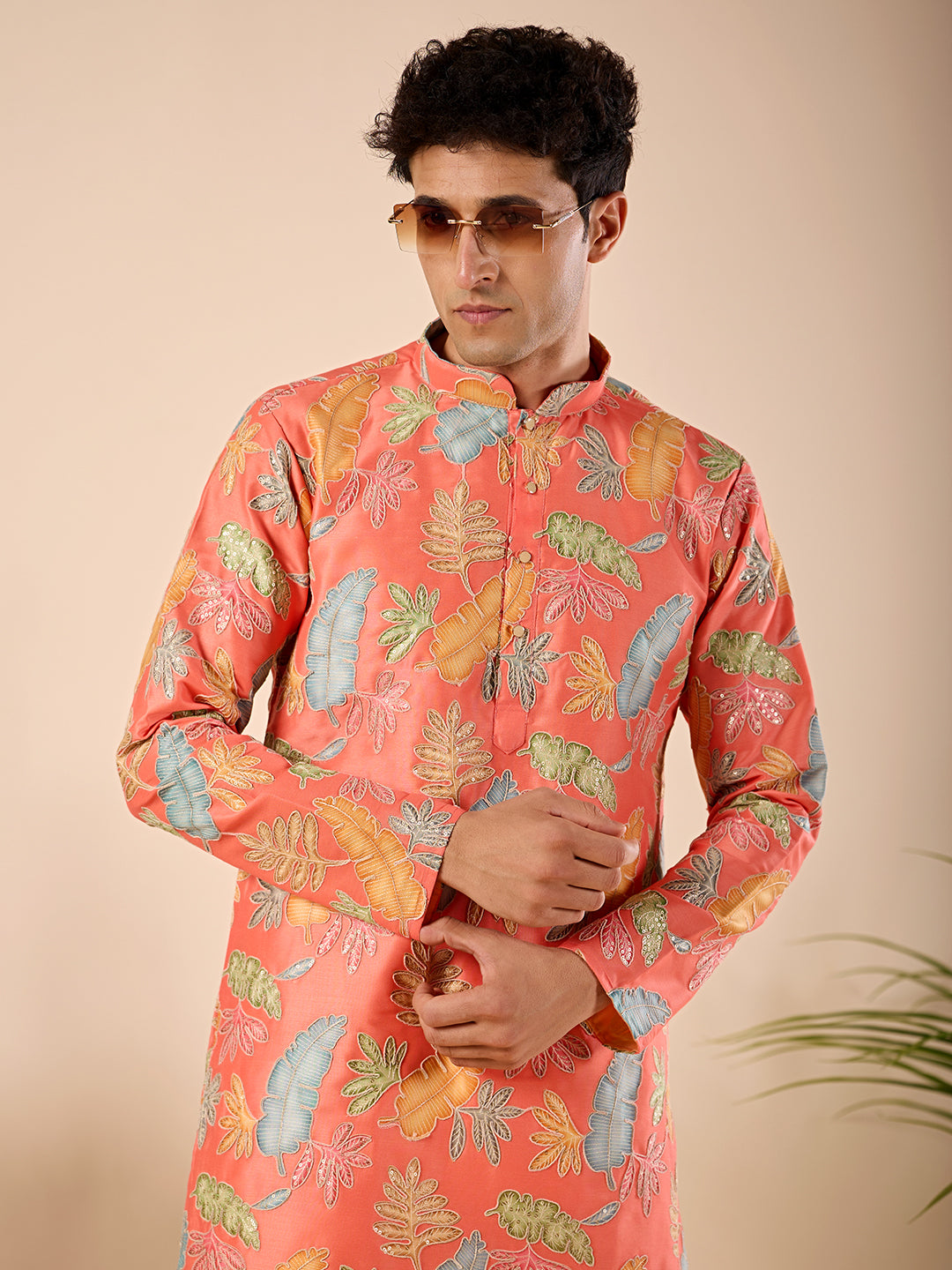 The Firdaus Embroidered Kurta (Vibrant Coral Botanical)