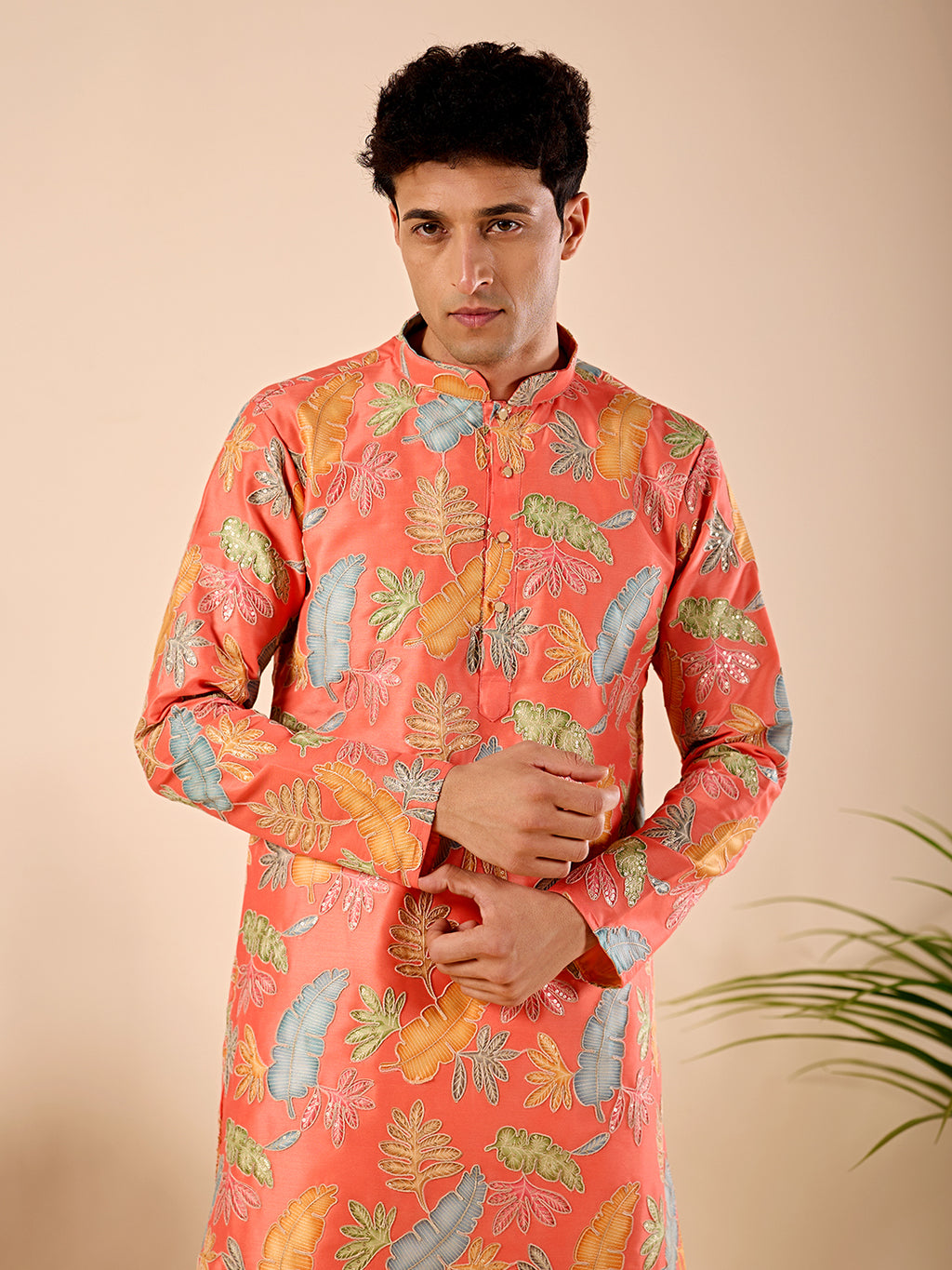 The Firdaus Embroidered Kurta (Vibrant Coral Botanical)