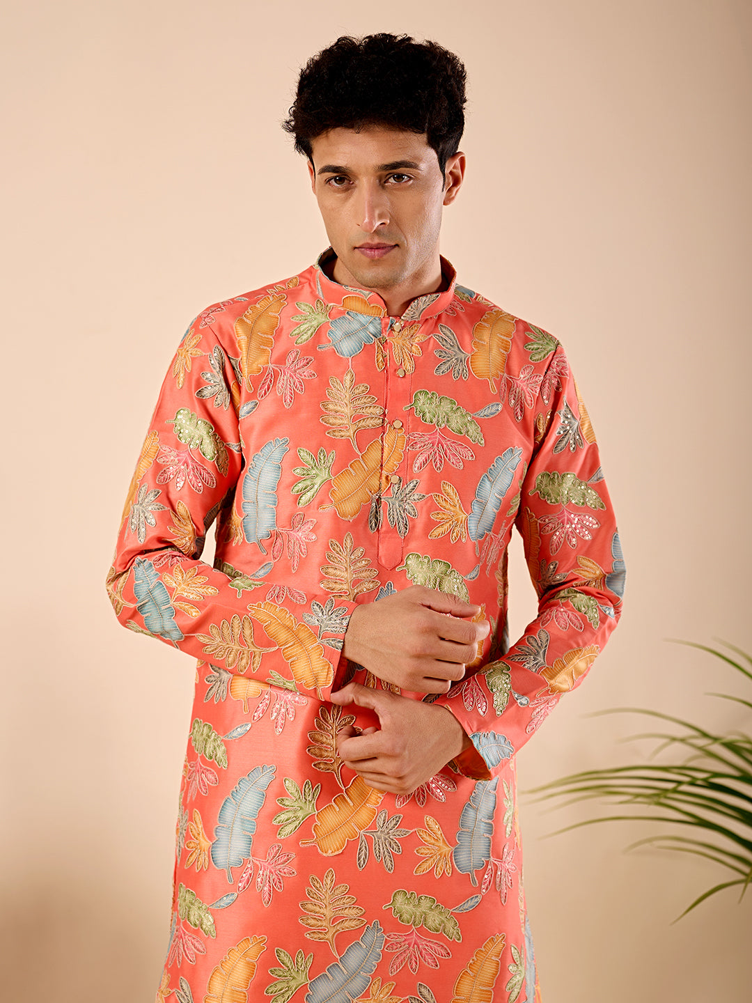 The Firdaus Embroidered Kurta (Vibrant Coral Botanical)