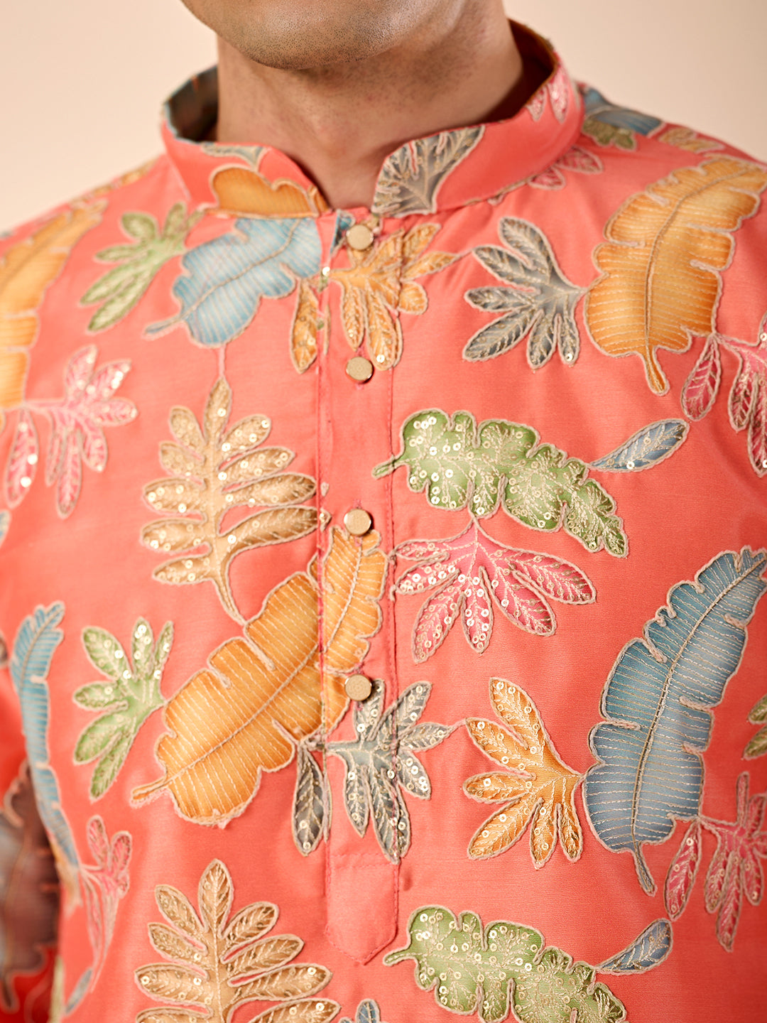 The Firdaus Embroidered Kurta (Vibrant Coral Botanical)