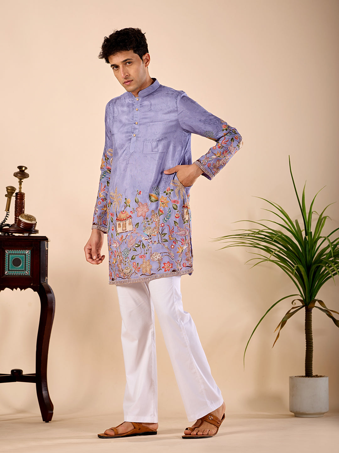 The Darbar Embroidered Kurta (Lavender Blue)