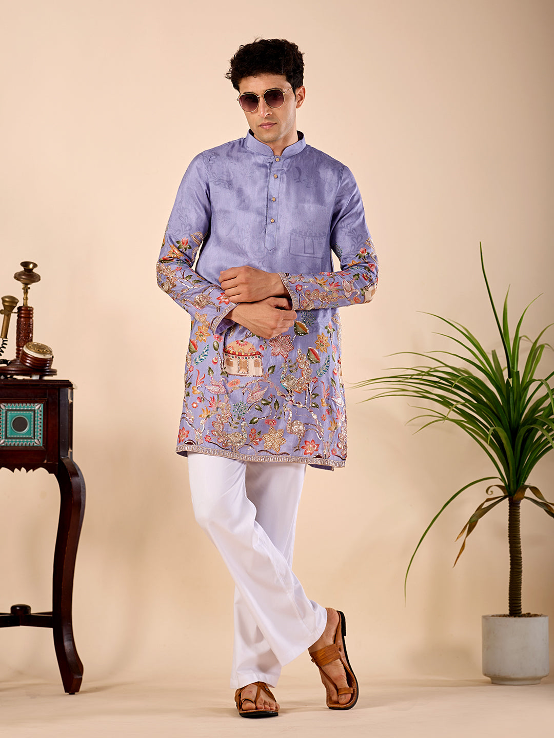 The Darbar Embroidered Kurta (Lavender Blue)