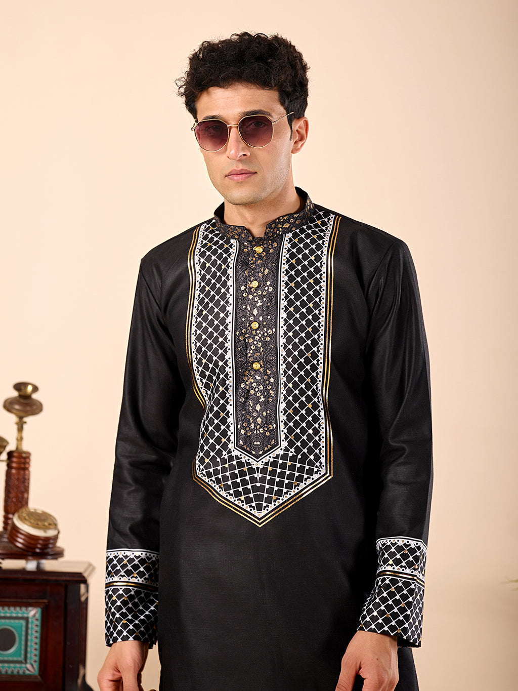 The Zafar Linen Kurta (Black Geometric)