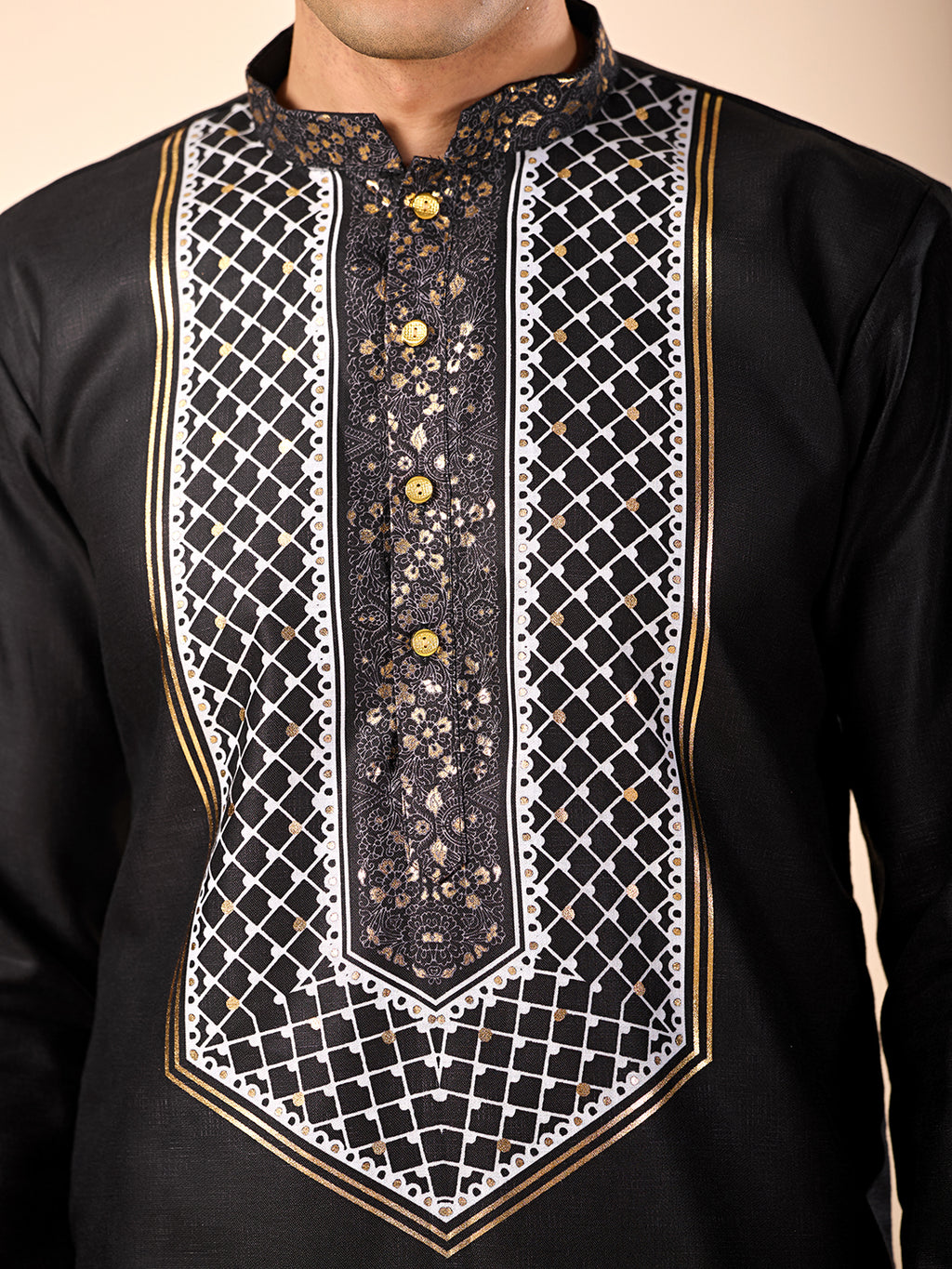 The Zafar Linen Kurta (Black Geometric)