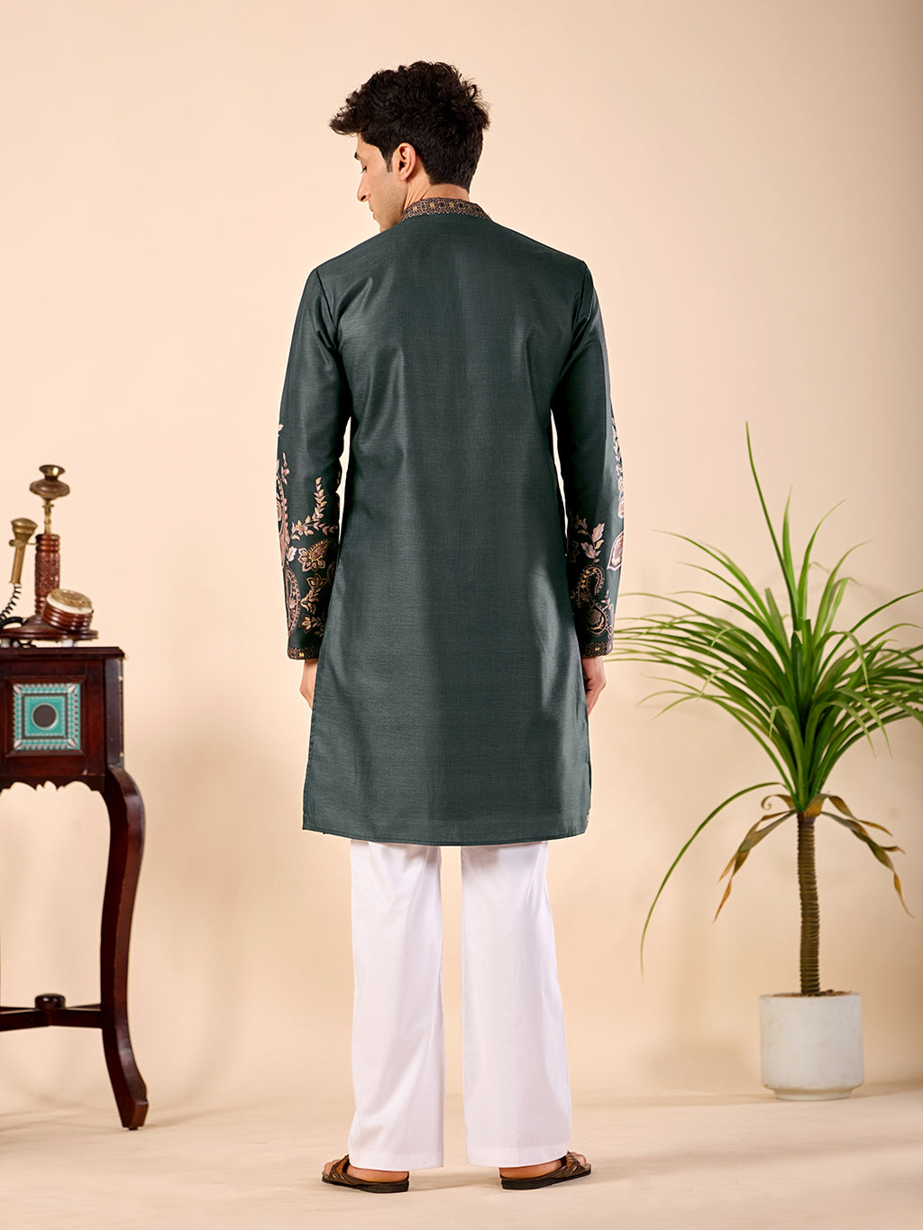The Nawabi Linen Printed Kurta Set. (Bottle Green)