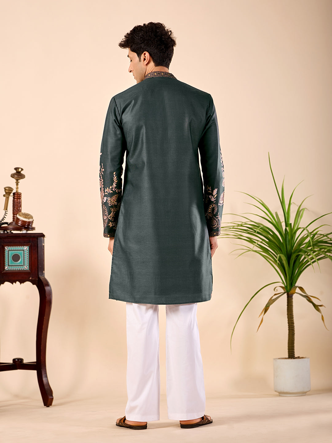 The Nawabi Linen Printed Kurta Set. (Bottle Green)