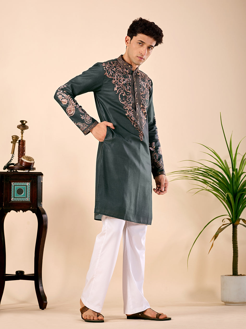 The Nawabi Linen Printed Kurta Set. (Bottle Green)