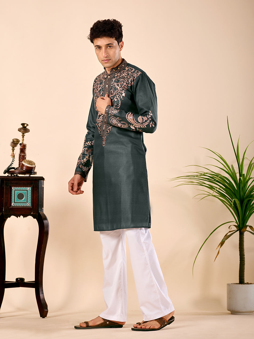 The Nawabi Linen Printed Kurta Set. (Bottle Green)