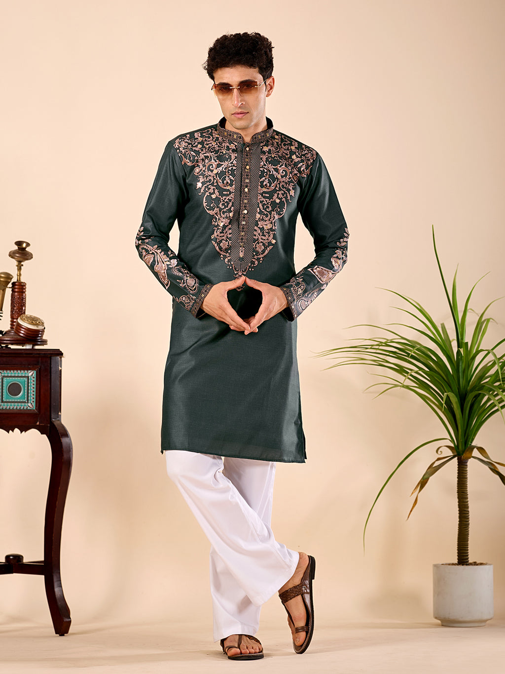 The Nawabi Linen Printed Kurta Set. (Bottle Green)