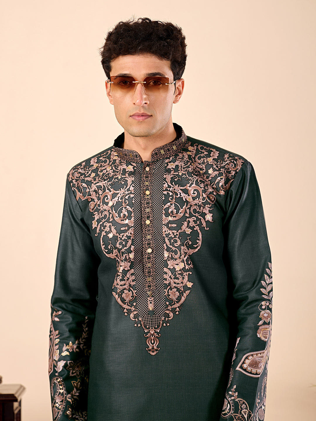 The Nawabi Linen Printed Kurta Set. (Bottle Green)