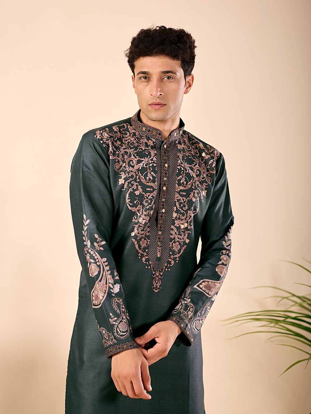 The Nawabi Linen Printed Kurta Set. (Bottle Green)