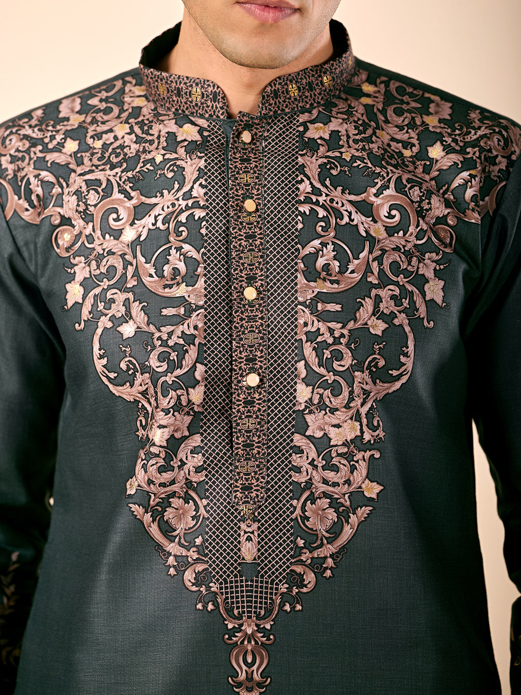 The Nawabi Linen Printed Kurta Set. (Bottle Green)