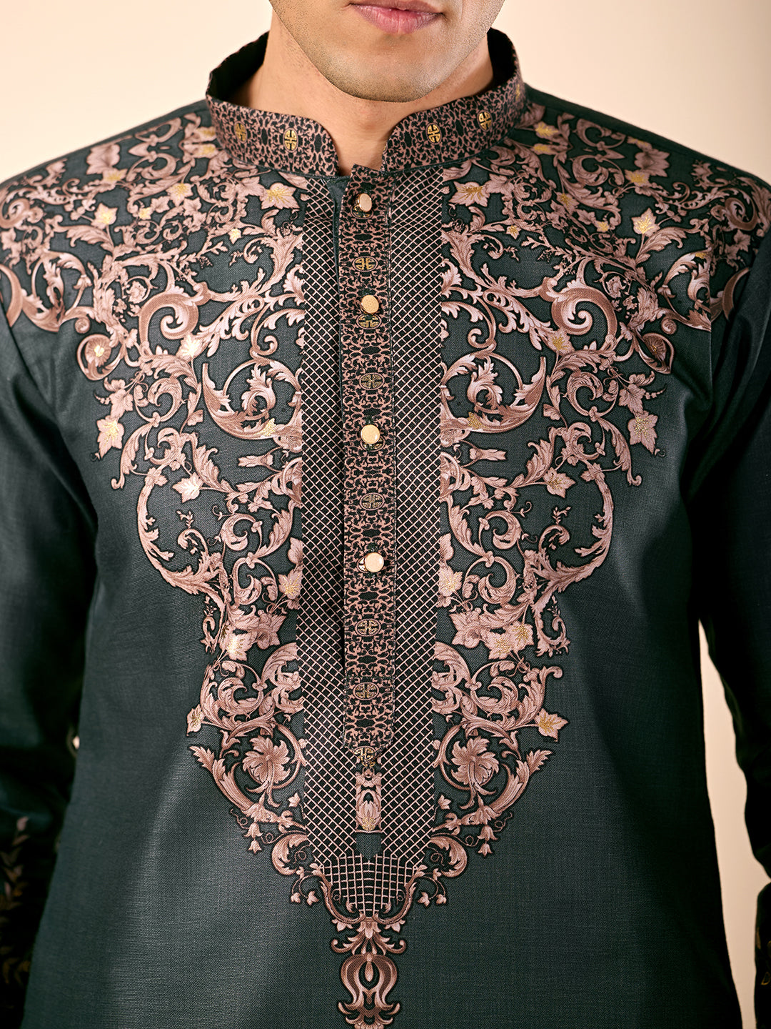 The Nawabi Linen Printed Kurta Set. (Bottle Green)