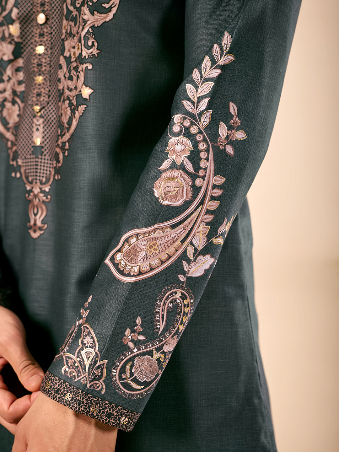 The Nawabi Linen Printed Kurta Set. (Bottle Green)