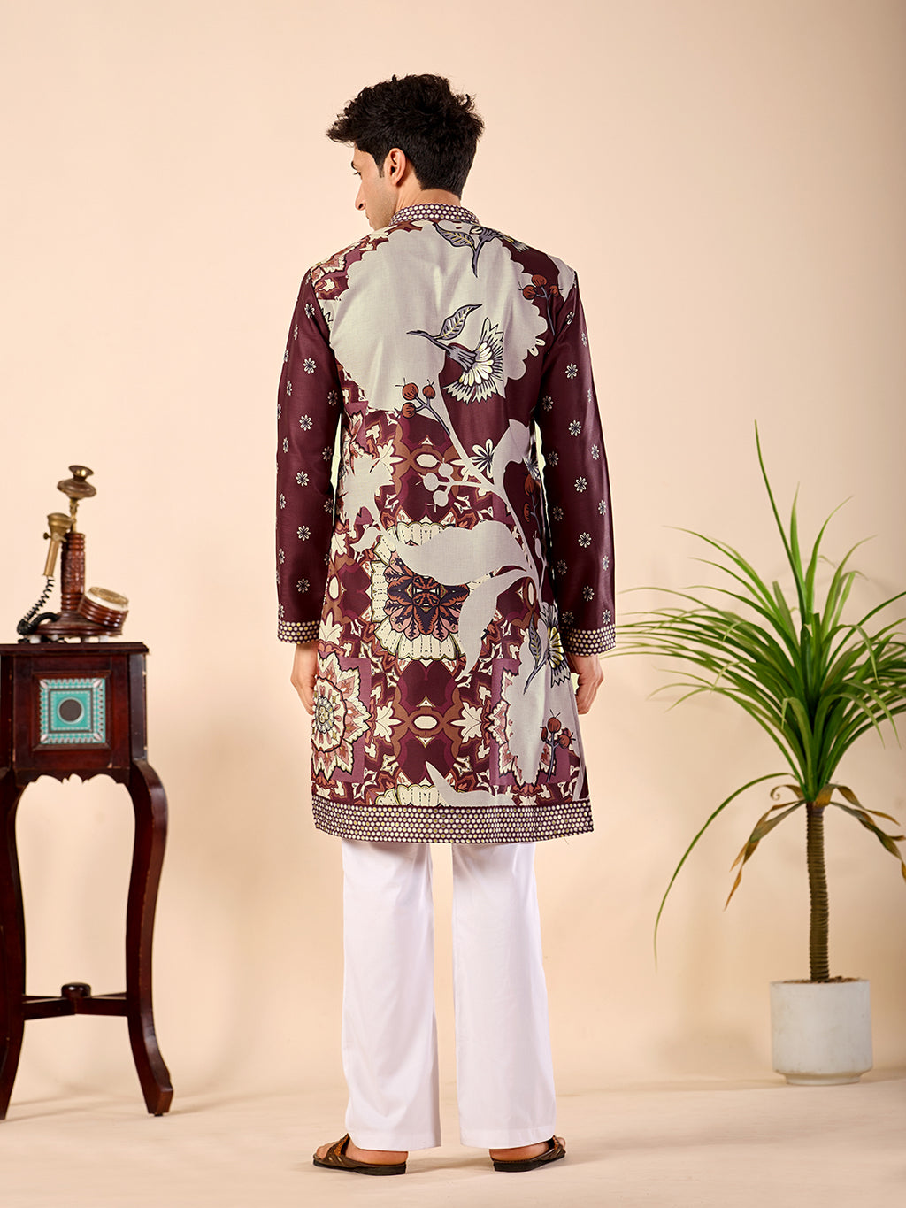 The Sartaj Linen Kurta (Dark Wine Floral)